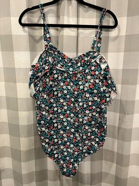 Lands' End Teal Floral One-Piece Swimsuit with Coral & White Flowers